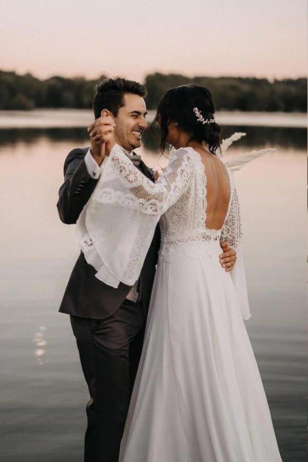 NumberSea Chiffon A-line V-neck Backless Lace Wedding Dresses, Bridal Gowns, MW845