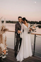 NumberSea Chiffon A-line V-neck Backless Lace Wedding Dresses, Bridal Gowns, MW845