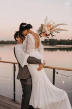 NumberSea Chiffon A-line V-neck Backless Lace Wedding Dresses, Bridal Gowns, MW845