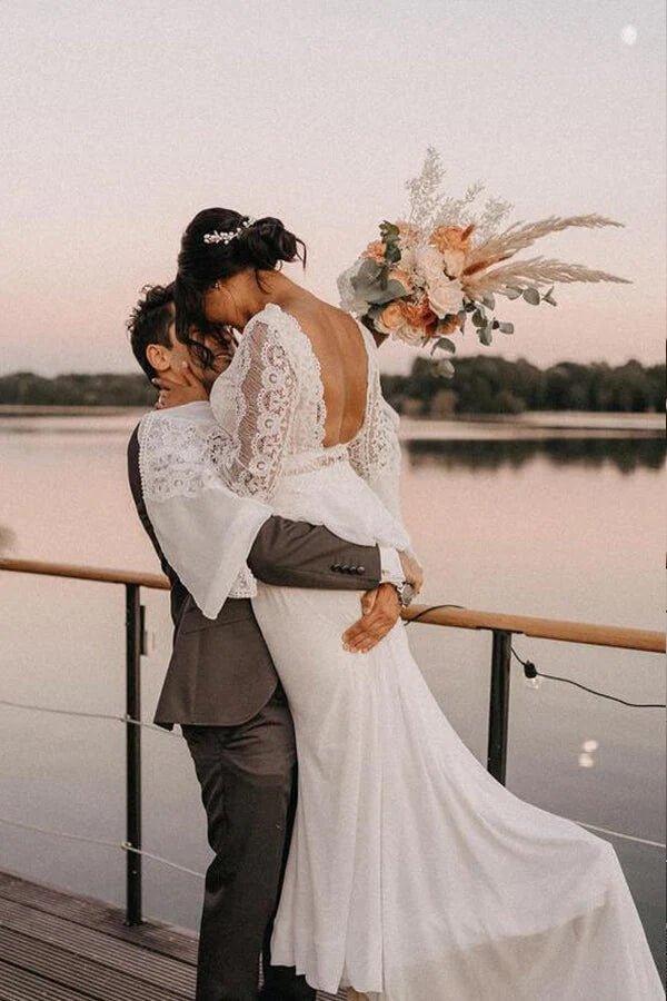 NumberSea Chiffon A-line V-neck Backless Lace Wedding Dresses, Bridal Gowns, MW845