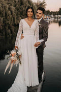 NumberSea Chiffon A-line V-neck Backless Lace Wedding Dresses, Bridal Gowns, MW845