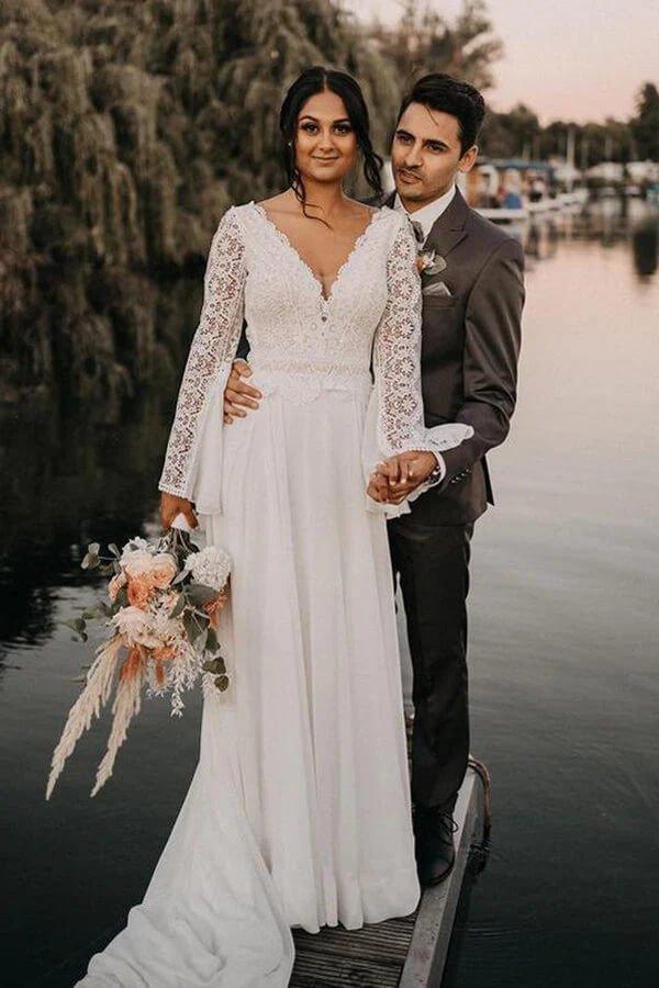 NumberSea Chiffon A-line V-neck Backless Lace Wedding Dresses, Bridal Gowns, MW845