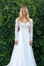 NumberSea Chiffon A-line V-neck Long Sleeves Lace Appliques Wedding Dresses, MW843