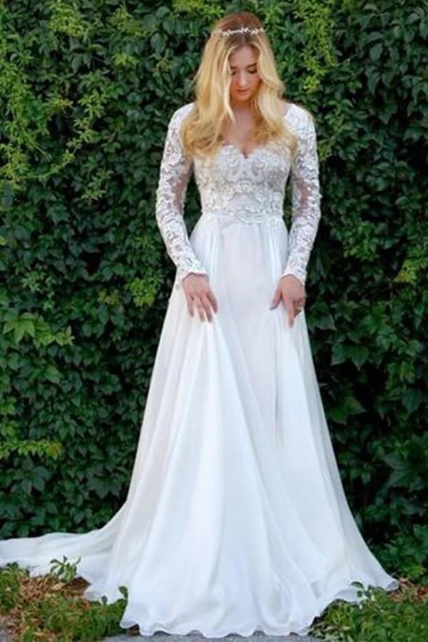 NumberSea Chiffon A-line V-neck Long Sleeves Lace Appliques Wedding Dresses, MW843
