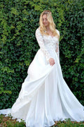 NumberSea Chiffon A-line V-neck Long Sleeves Lace Appliques Wedding Dresses, MW843