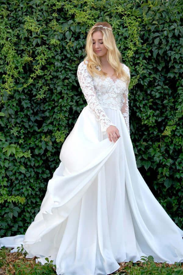 NumberSea Chiffon A-line V-neck Long Sleeves Lace Appliques Wedding Dresses, MW843