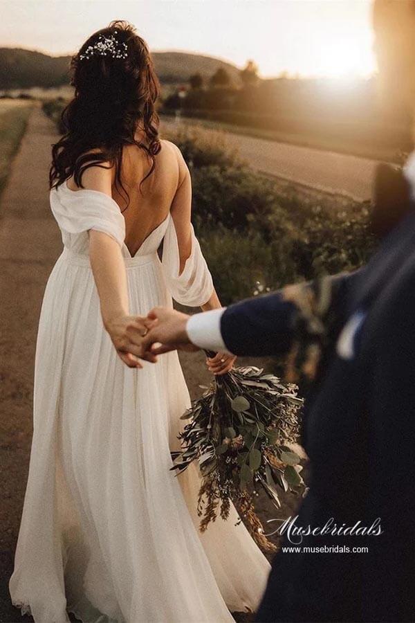 NumberSea Chiffon A-line V-Neck Off-the-Shoulder Backless Simple Wedding Dresses, MW935