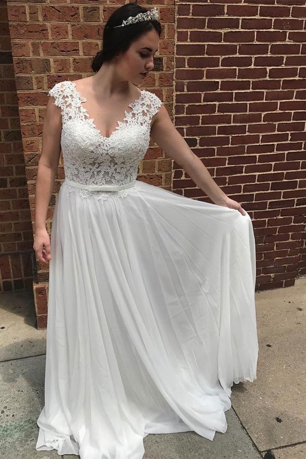 NumberSea Chiffon A-line V-neck See-through Lace Appliqued Cheap Beach Wedding Dress, MW127