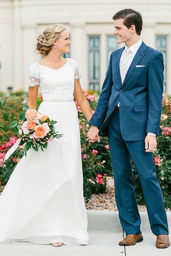 NumberSea Chiffon A-line V-neck Short Sleeves Wedding Dresses With Beading, MW830