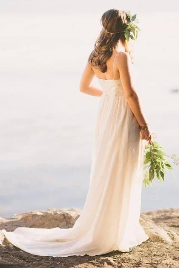 NumberSea Chiffon A-line V-neck Spaghetti Straps Simple Wedding Dress With Train, MW839