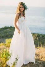 NumberSea Chiffon A-line V-neck Spaghetti Straps Simple Wedding Dress With Train, MW839