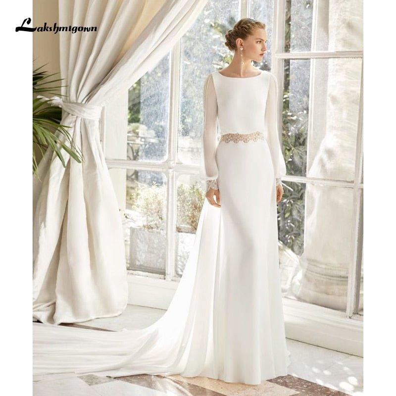NumberSea Chiffon Beach Wedding Dress 2021 Lace Boho Bride Dress Long Sleeves Backless Wedding Gown Custom Made Vestidos de novia