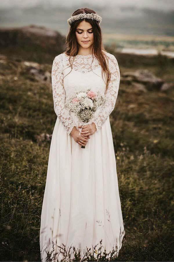 NumberSea Chiffon Lace A-line Bateau Long Sleeves Wedding Dresses, Bridal Gown, MW846