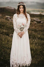 NumberSea Chiffon Lace A-line Bateau Long Sleeves Wedding Dresses, Bridal Gown, MW846