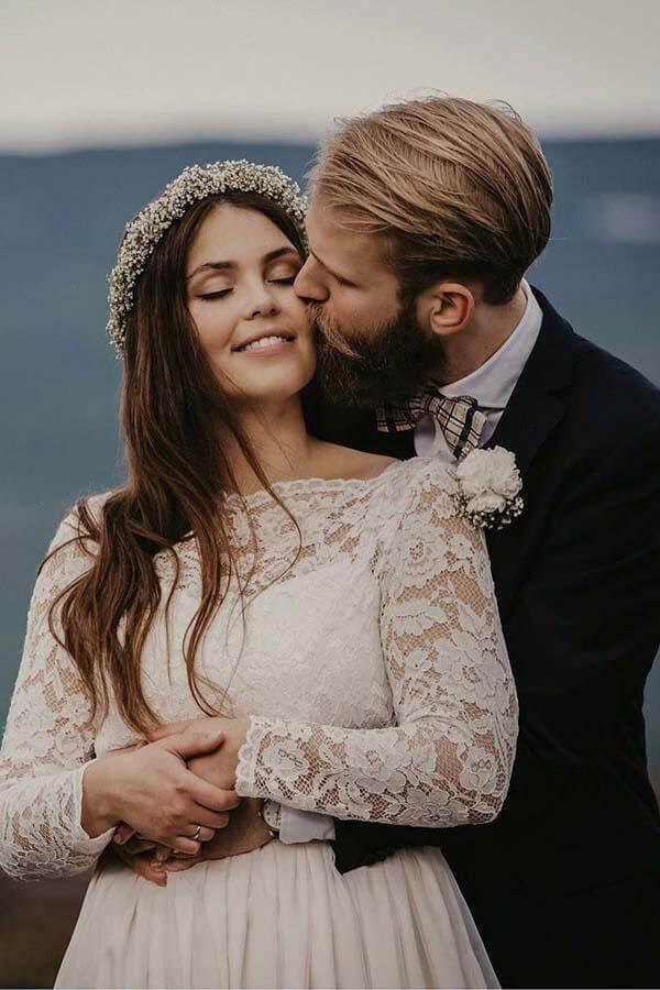 NumberSea Chiffon Lace A-line Bateau Long Sleeves Wedding Dresses, Bridal Gown, MW846