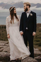 NumberSea Chiffon Lace A-line Bateau Long Sleeves Wedding Dresses, Bridal Gown, MW846