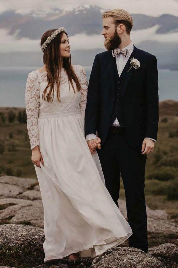 NumberSea Chiffon Lace A-line Bateau Long Sleeves Wedding Dresses, Bridal Gown, MW846