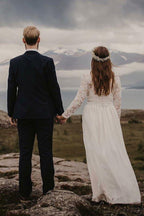 NumberSea Chiffon Lace A-line Bateau Long Sleeves Wedding Dresses, Bridal Gown, MW846
