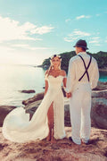 NumberSea Chiffon Lace Off-the-Shoulder Beach Wedding Dresses With Side Slit, MW827