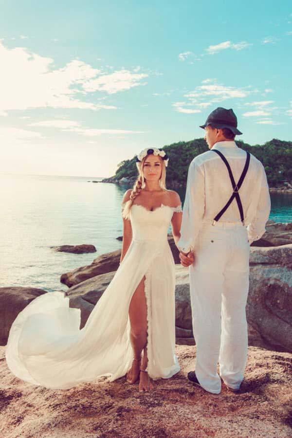 NumberSea Chiffon Lace Off-the-Shoulder Beach Wedding Dresses With Side Slit, MW827