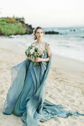 NumberSea Chiffon Rustic Wedding Dress With Train, A-line Beach Wedding Gown, MW685