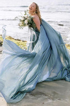 NumberSea Chiffon Rustic Wedding Dress With Train, A-line Beach Wedding Gown, MW685