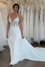NumberSea Chiffon Spaghetti Straps Lace Appliques Bohemian Wedding Dresses, MW913