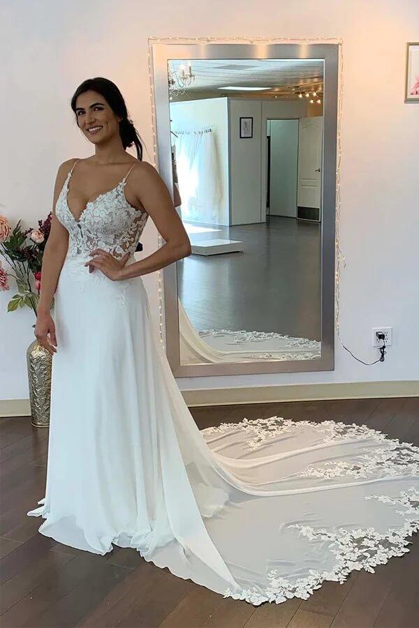 NumberSea Chiffon Spaghetti Straps Lace Appliques Bohemian Wedding Dresses, MW913