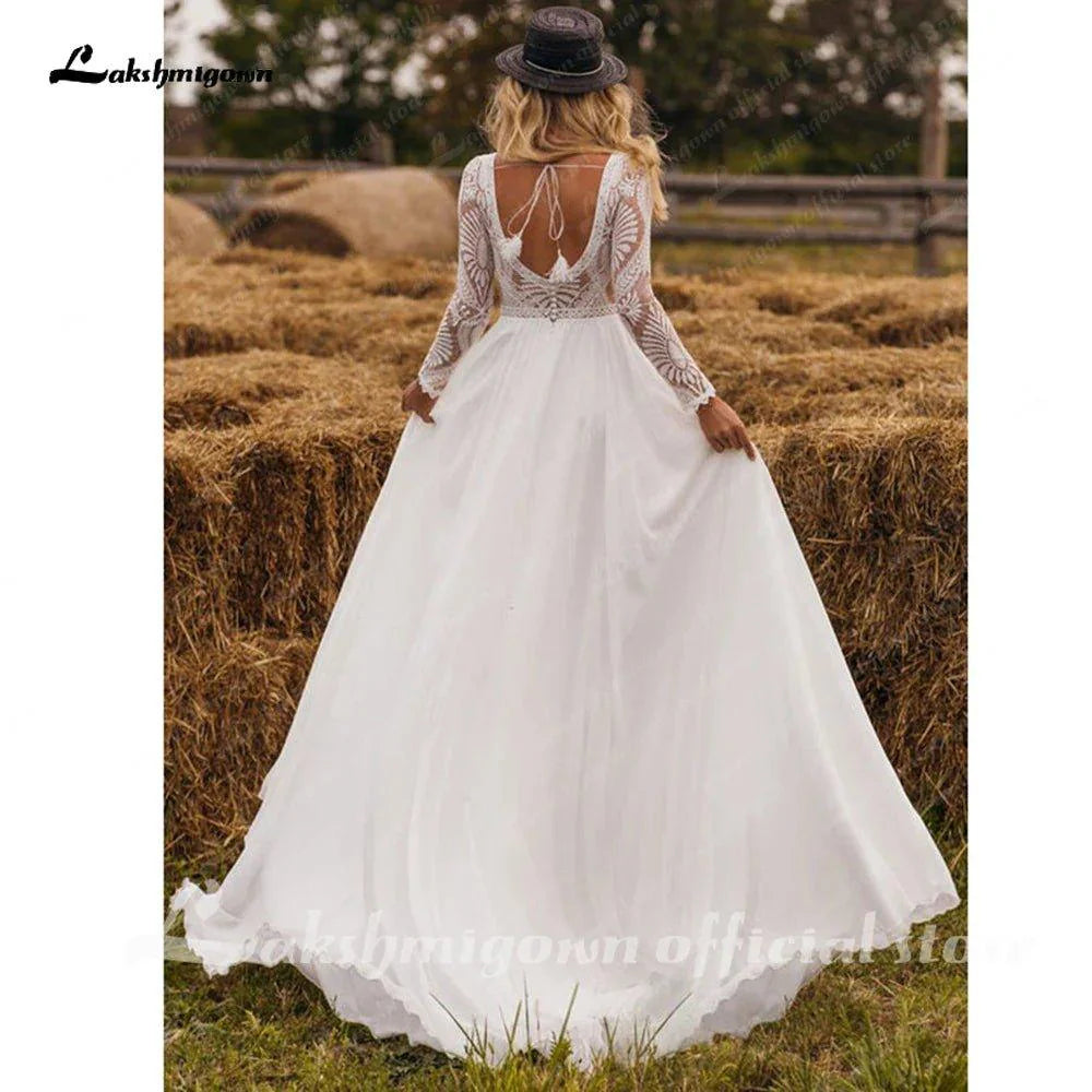 NumberSea Chiffon V Neck Long Sleeve Bridal Dress Sweep Train Lace Open Back Bohemian Boho Beach Wedding Dress Wedding Gown