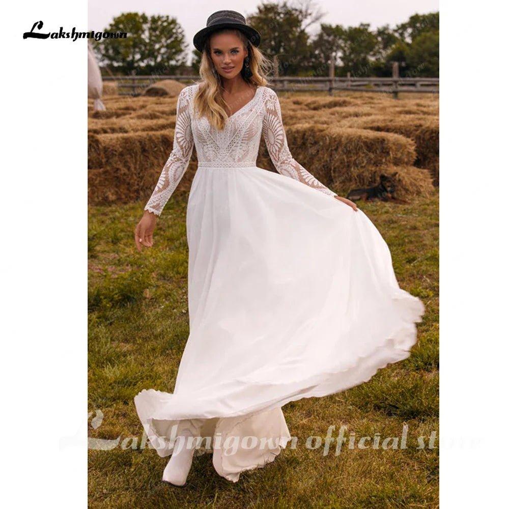 NumberSea Chiffon V Neck Long Sleeve Bridal Dress Sweep Train Lace Open Back Bohemian Boho Beach Wedding Dress Wedding Gown
