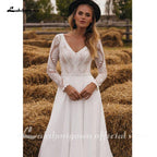 NumberSea Chiffon V Neck Long Sleeve Bridal Dress Sweep Train Lace Open Back Bohemian Boho Beach Wedding Dress Wedding Gown
