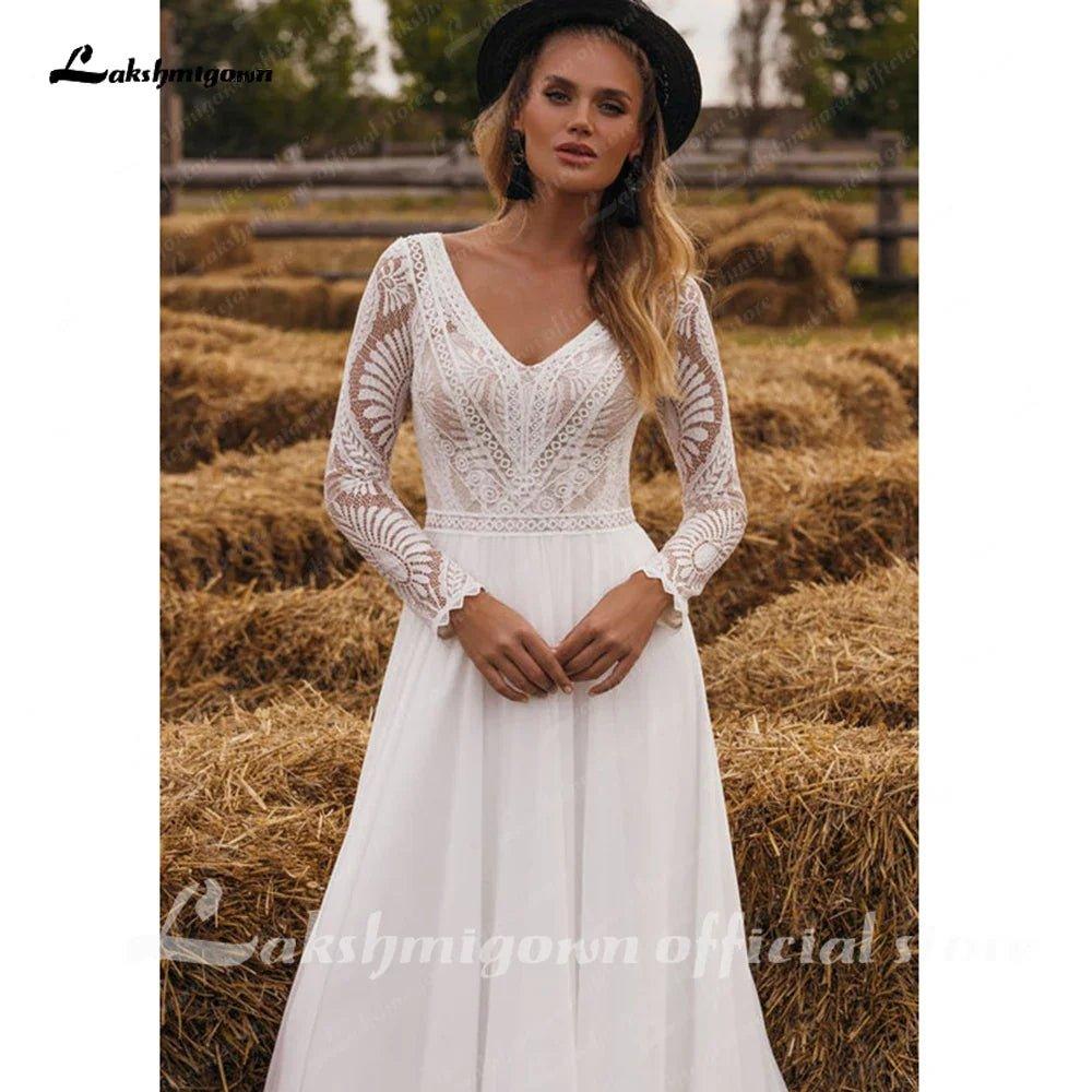 NumberSea Chiffon V Neck Long Sleeve Bridal Dress Sweep Train Lace Open Back Bohemian Boho Beach Wedding Dress Wedding Gown