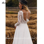 NumberSea Chiffon V Neck Long Sleeve Bridal Dress Sweep Train Lace Open Back Bohemian Boho Beach Wedding Dress Wedding Gown