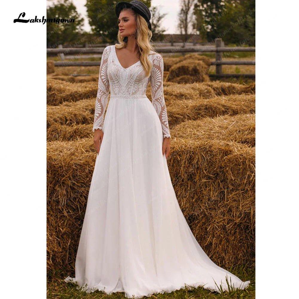 NumberSea Chiffon V Neck Long Sleeve Bridal Dress Sweep Train Lace Open Back Bohemian Boho Beach Wedding Dress Wedding Gown