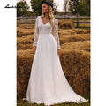 NumberSea Chiffon V Neck Long Sleeve Bridal Dress Sweep Train Lace Open Back Bohemian Boho Beach Wedding Dress Wedding Gown