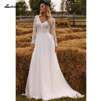 NumberSea Chiffon V Neck Long Sleeve Bridal Dress Sweep Train Lace Open Back Bohemian Boho Beach Wedding Dress Wedding Gown