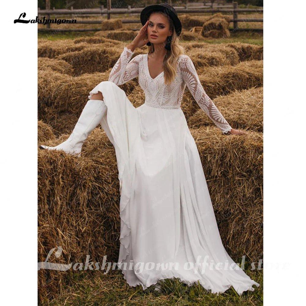 NumberSea Chiffon V Neck Long Sleeve Bridal Dress Sweep Train Lace Open Back Bohemian Boho Beach Wedding Dress Wedding Gown