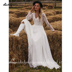 NumberSea Chiffon V Neck Long Sleeve Bridal Dress Sweep Train Lace Open Back Bohemian Boho Beach Wedding Dress Wedding Gown