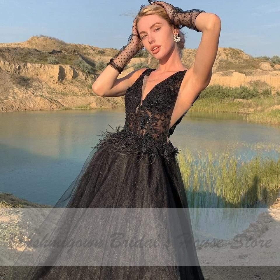 NumberSea Classic Bridal Sexy Gothic Black Wedding Dress