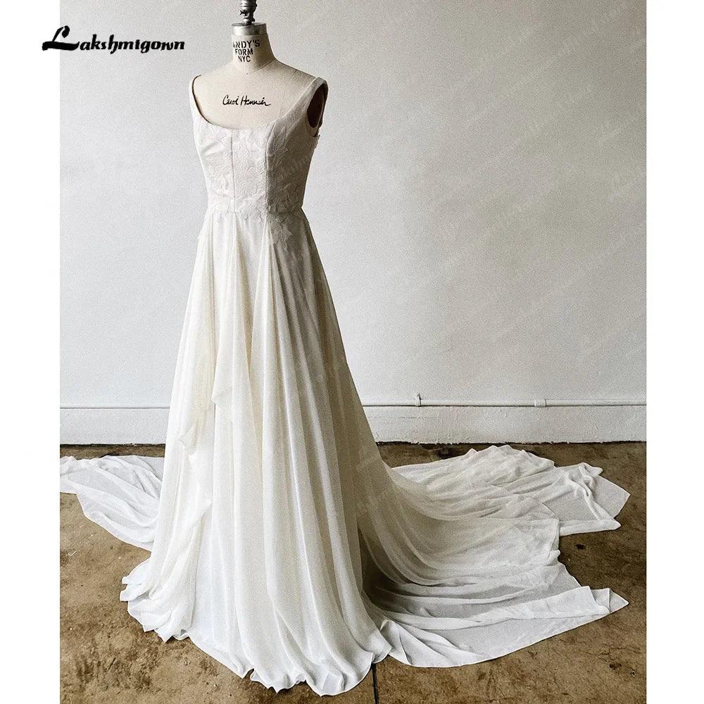 NumberSea Classic Spaghetti Strap Sleeveless Square Neck Simple Bridal Gown Sexy Backless Short Train Wedding Dress