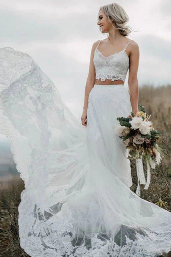 NumberSea Crop Top Lace Two Piece Boho Spaghetti Straps Wedding Dresses