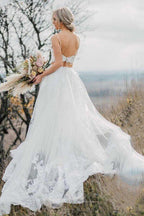 NumberSea Crop Top Lace Two Piece Boho Spaghetti Straps Wedding Dresses