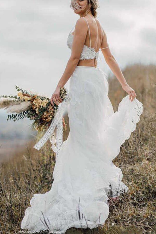 NumberSea Crop Top Lace Two Piece Boho Spaghetti Straps Wedding Dresses