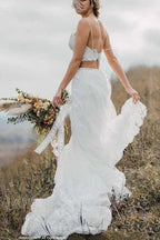 NumberSea Crop Top Lace Two Piece Boho Spaghetti Straps Wedding Dresses