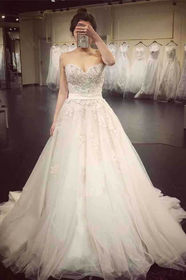 NumberSea Crystal Lace A Line Wedding Dresses, Sweetheart Wedding Gowns, Bridal Dress, MW104