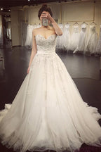 NumberSea Crystal Lace A Line Wedding Dresses, Sweetheart Wedding Gowns, Bridal Dress, MW104