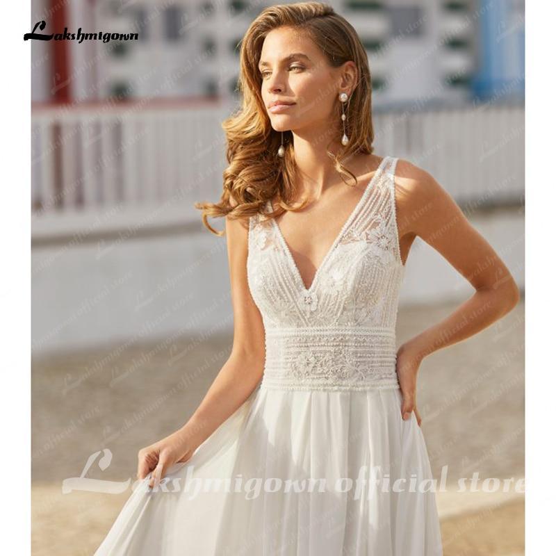 NumberSea Deep V Champagne Wedding Dress A Line long sleeves