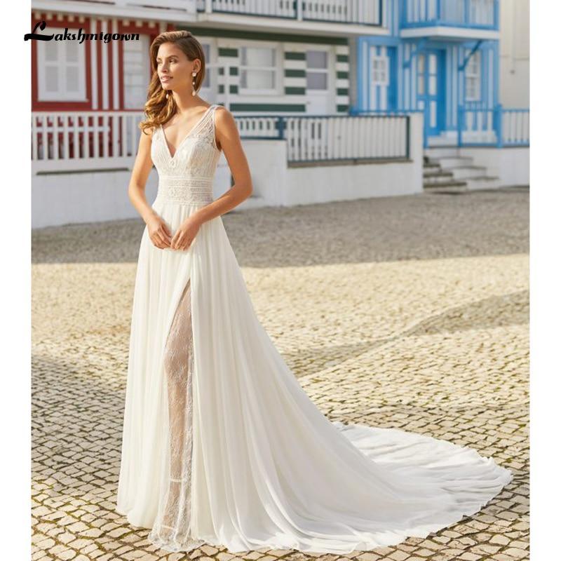 NumberSea Deep V Champagne Wedding Dress A Line long sleeves