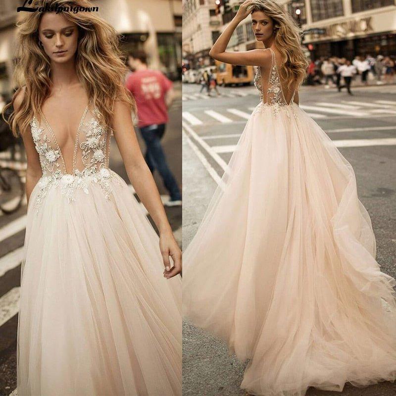 NumberSea Deep V Neck A Line Beautiful Wedding Dress Champange Lace Cheap Long Wedding Dress Bridal Gown Vestido De Noiva Plus Size