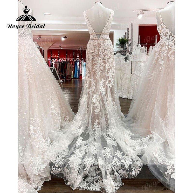 NumberSea Deep V Neck Blush Pink Lace Appliques Boho Mermaid/Trumpet Wedding Dress for Women 2025 Luxury Vestido Civil robe mariée sirene